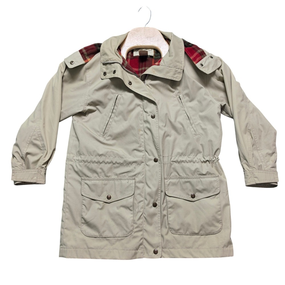 Preppy Vintage Eddie Bauer Plaid Lined Hooded Field Jacket Womens XS Petite Tan